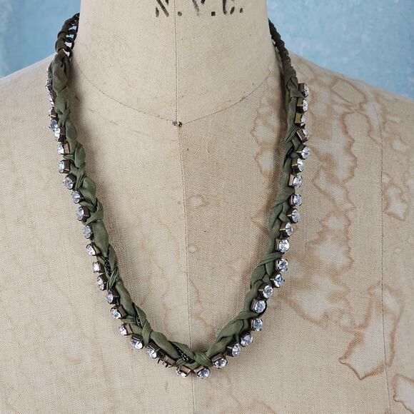 Lot 2 J Crew necklaces olive green and stone ribbon smokey facetted fringed - Picture 6 of 11